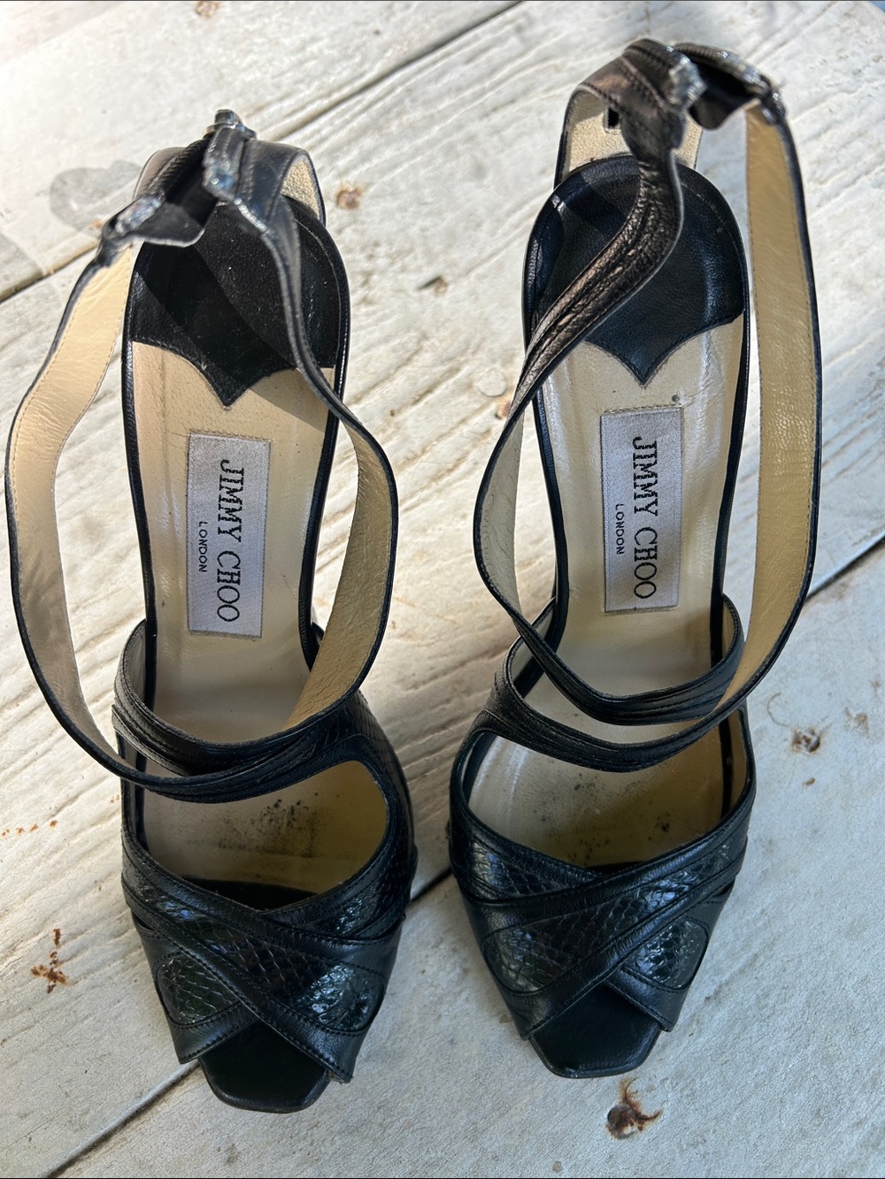 Jimmy Choo Black Leather Crisscross Peep-Toe Heels